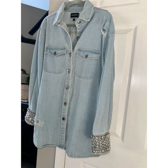 Retrofête Women's M Blue Denim Rhinestone Cuff Button-Up Shirt M - Picture 6 of 14